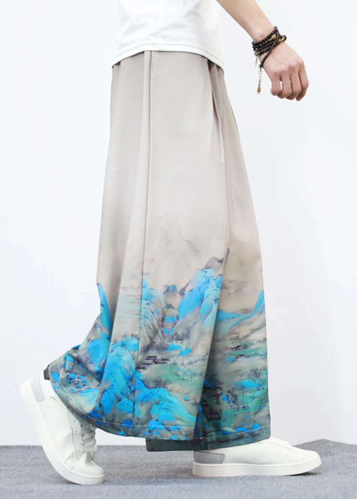 Men's Wide-Leg Pants with Unique White Pockets Print, Perfect for Summer Made of Ice Silk