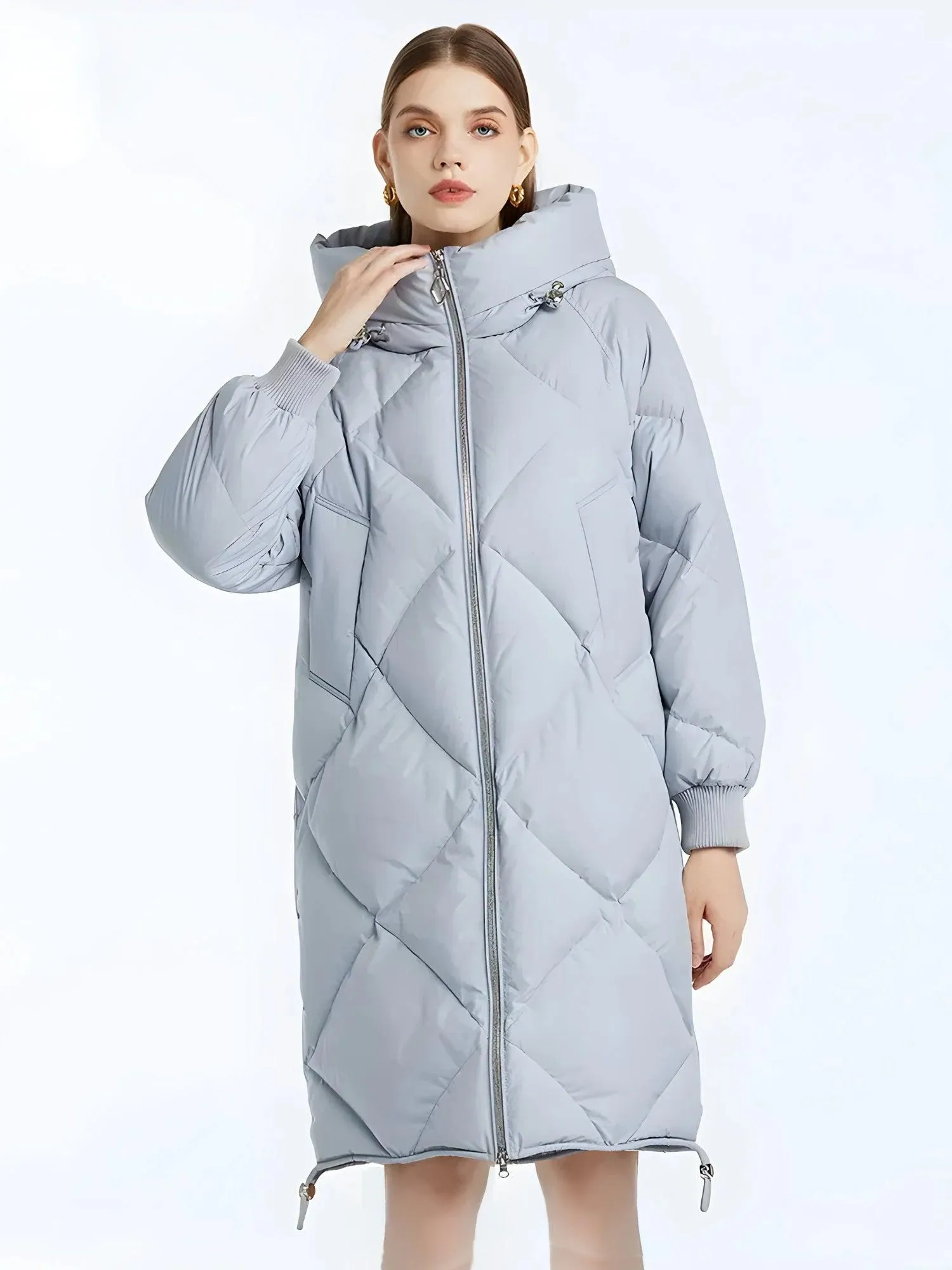 Hooded Long Puffer Coat with Zip-Up Closure