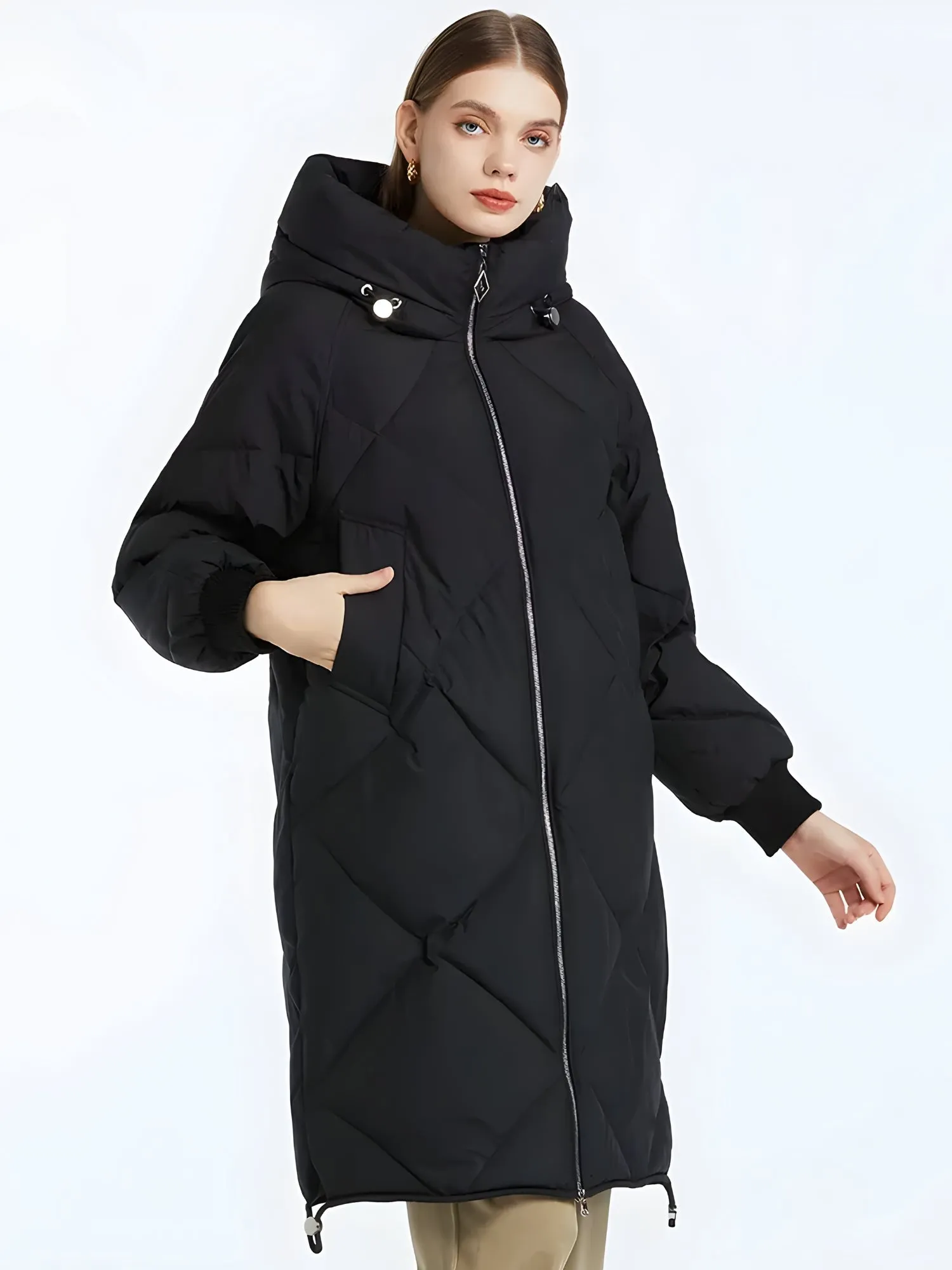 Hooded Long Puffer Coat with Zip-Up Closure