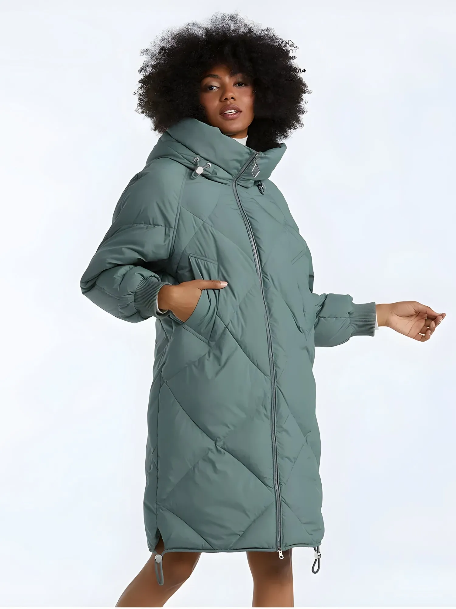 Hooded Long Puffer Coat with Zip-Up Closure