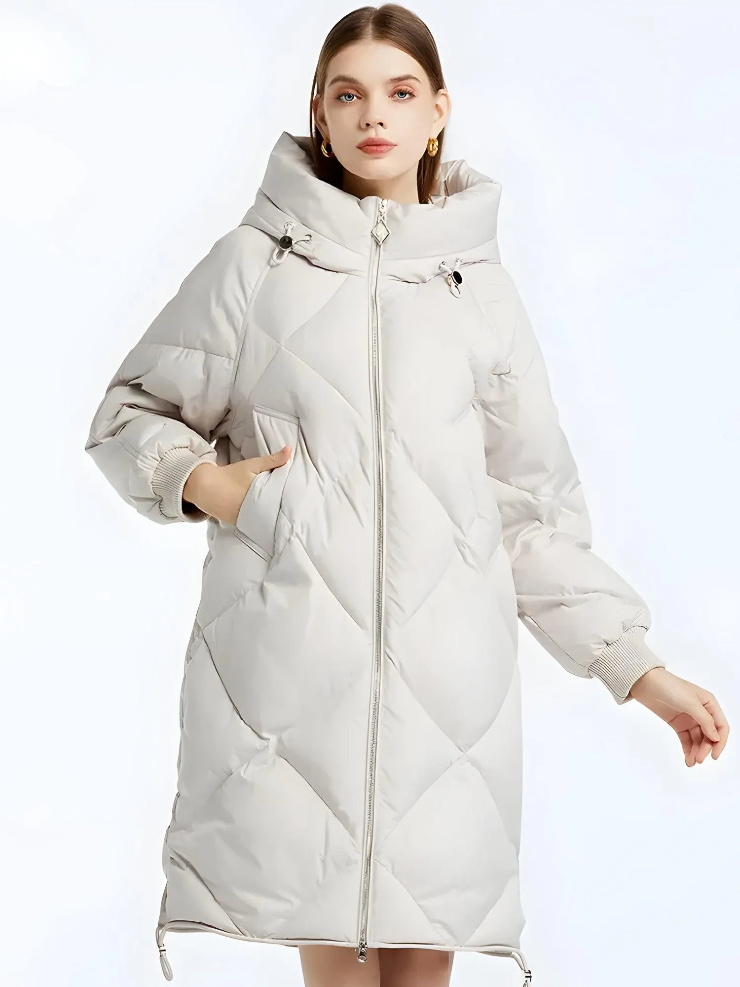 Hooded Long Puffer Coat with Zip-Up Closure