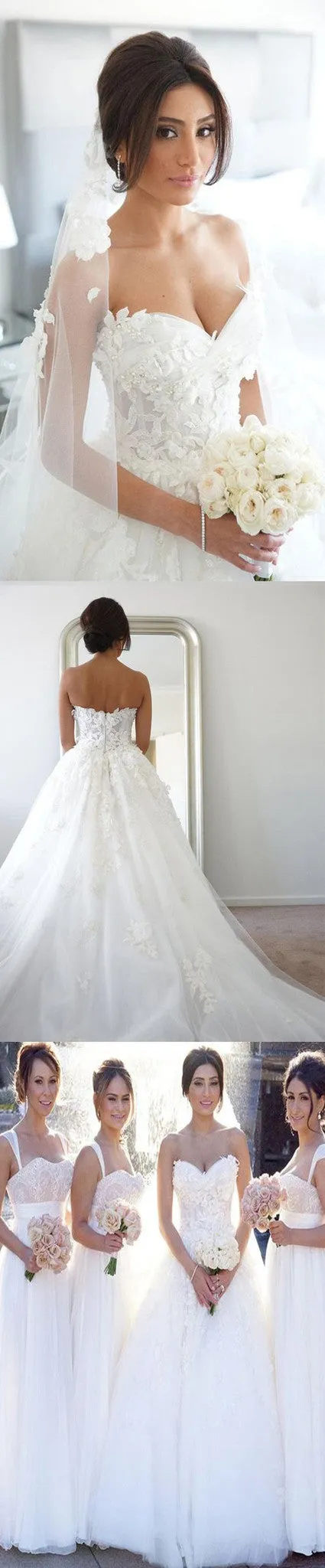 Strapless Wedding Dress with Sweetheart Neck, Elegant Lace Appliques, and Charming Design, Hot Sale