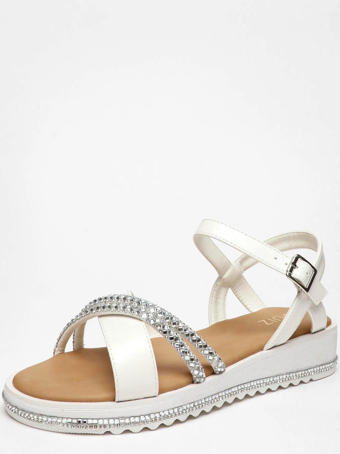 White Faux Leather Diamante Cross Strap Sandals by Quiz