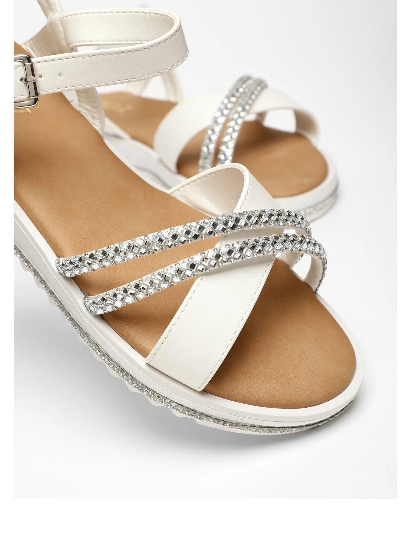 White Faux Leather Diamante Cross Strap Sandals by Quiz