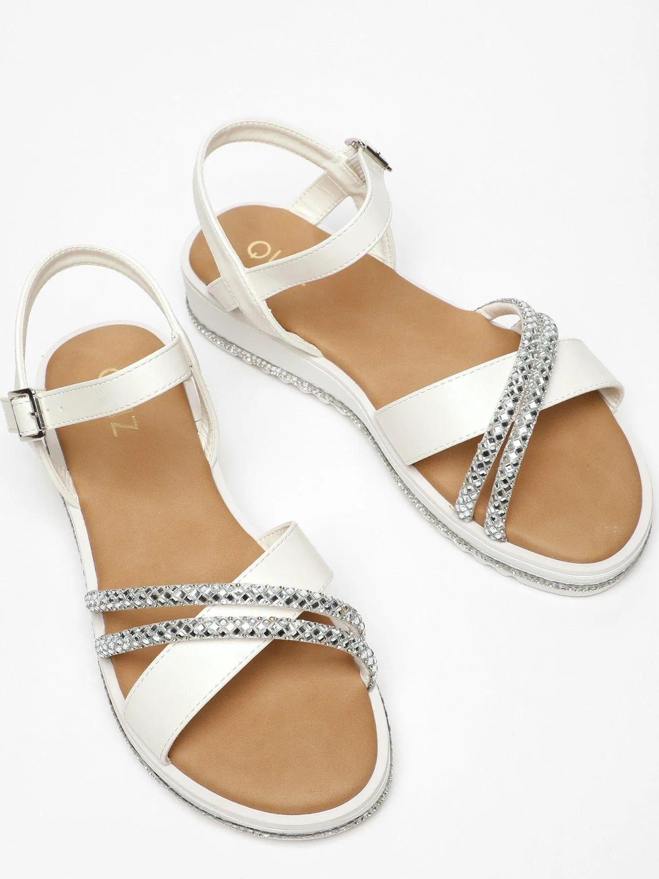 White Faux Leather Diamante Cross Strap Sandals by Quiz