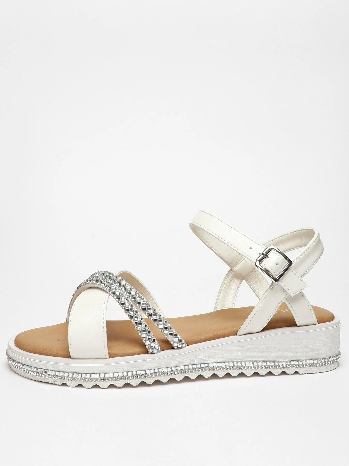 White Faux Leather Diamante Cross Strap Sandals by Quiz