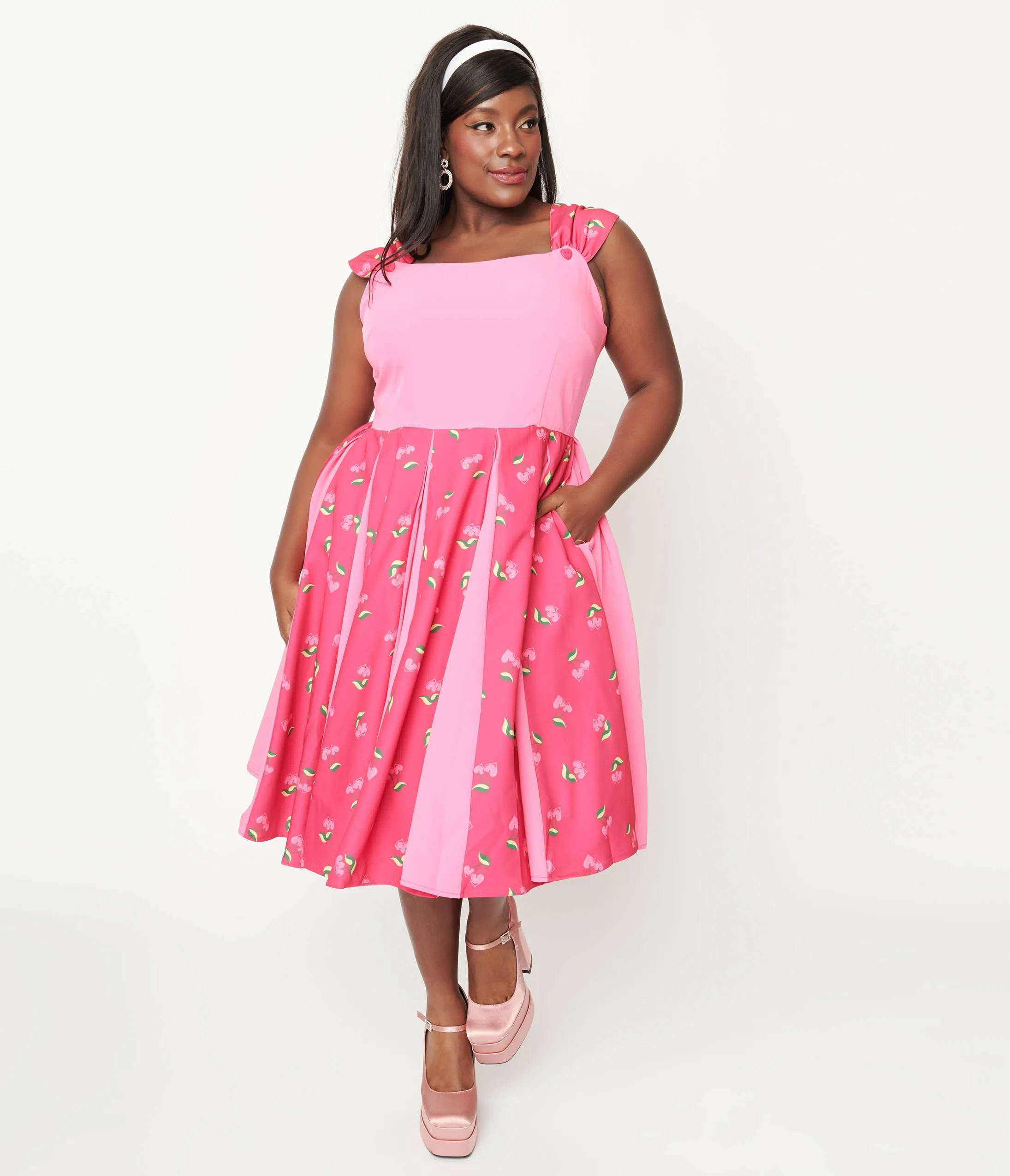 Fashionable Plus Size Hot Pink Heart Cherry Swing Dress