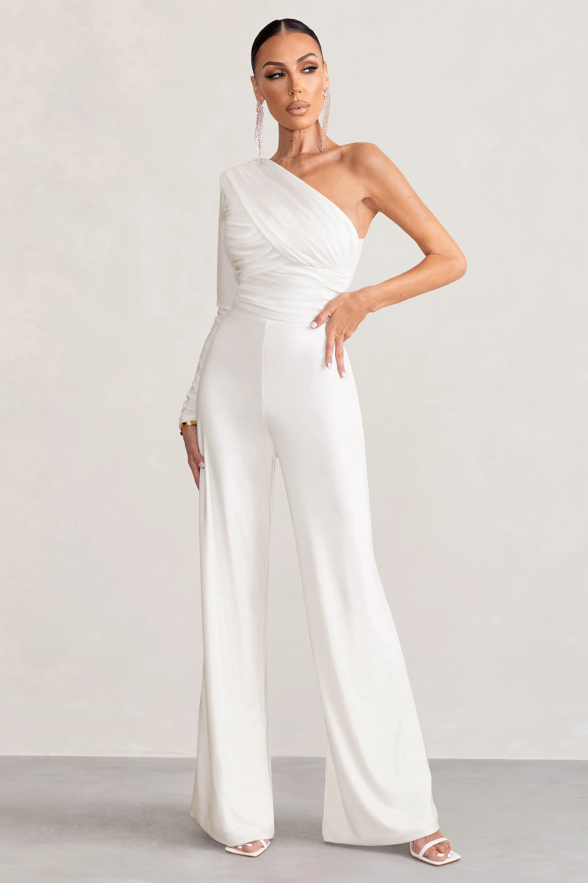 White One Shoulder Ruched Wide Leg Jumpsuit