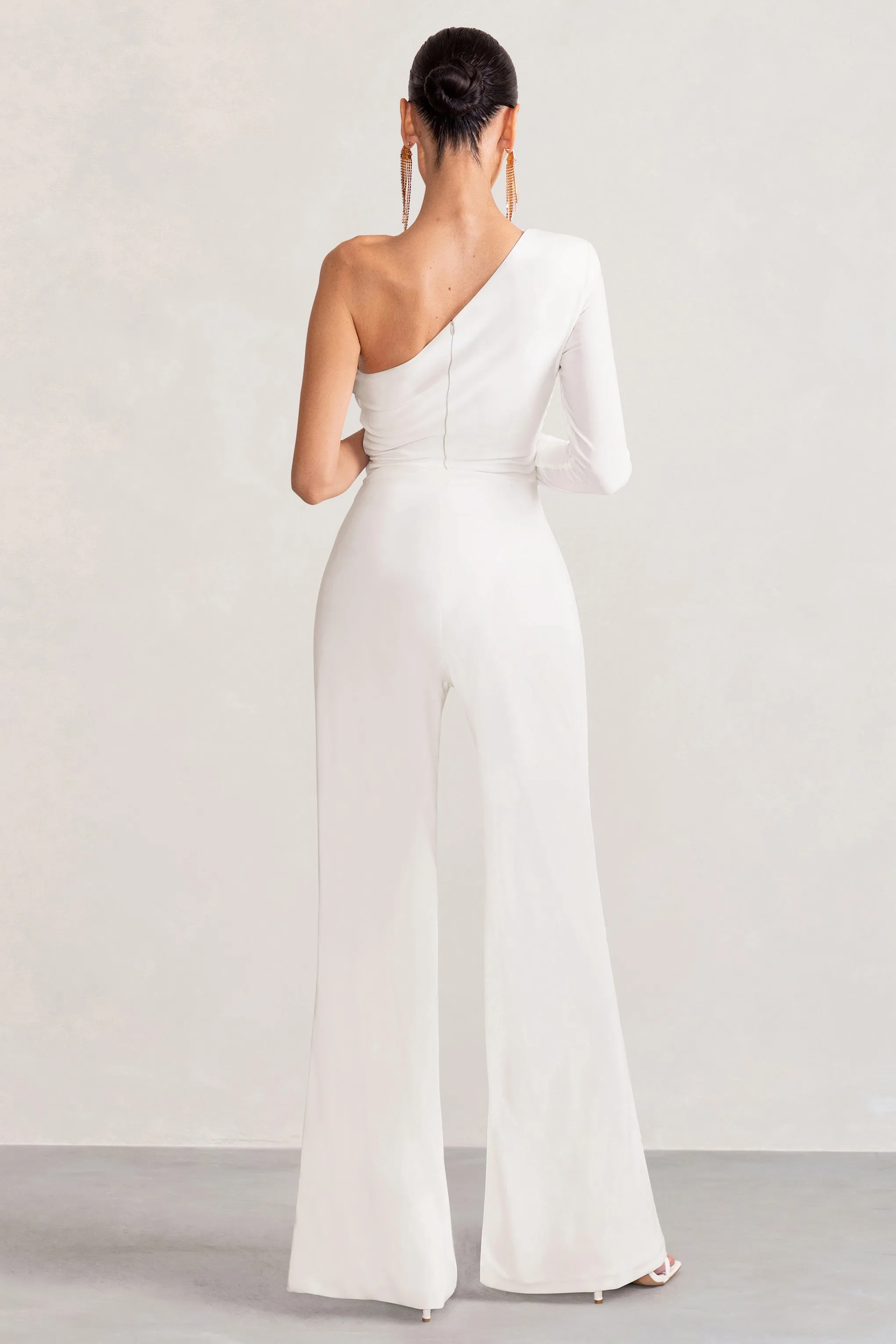 White One Shoulder Ruched Wide Leg Jumpsuit