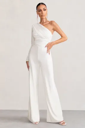 White One Shoulder Ruched Wide Leg Jumpsuit