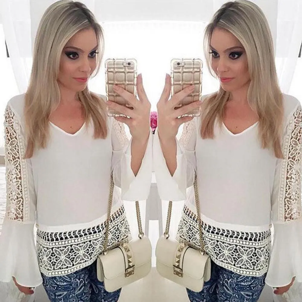 Women Casual Loose Chiffon T-Shirt Lace Blouses Feminino Ladies Fashion Tops