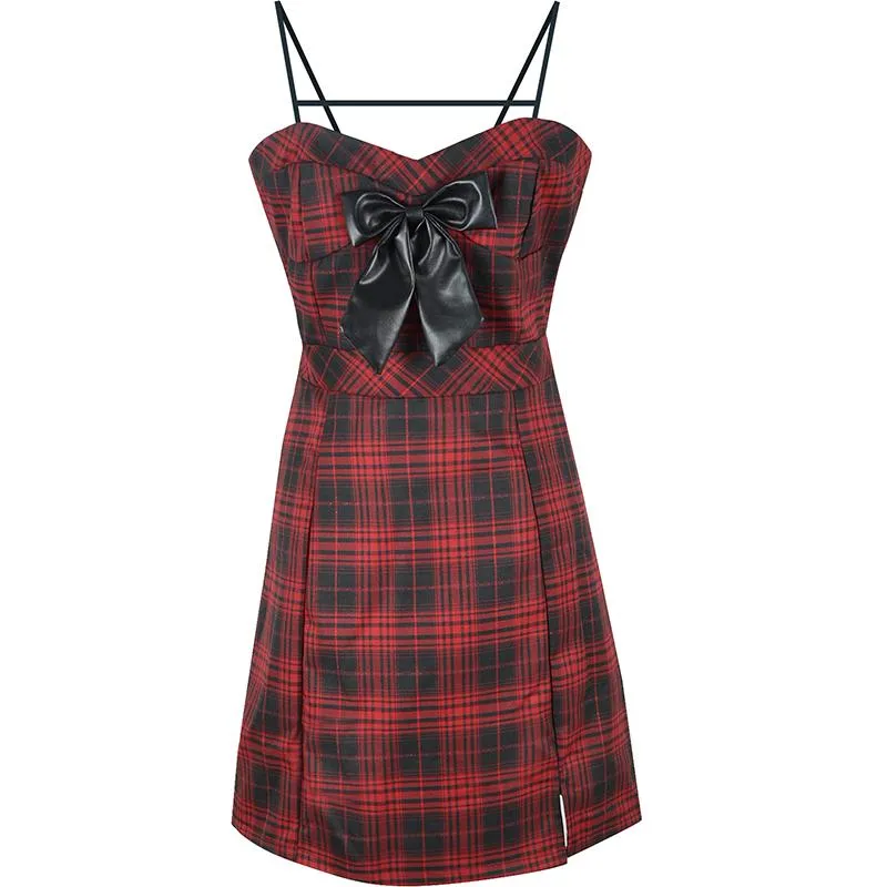 Women's Grunge Bowknot Side Slit Red Plaid Slip Dresses