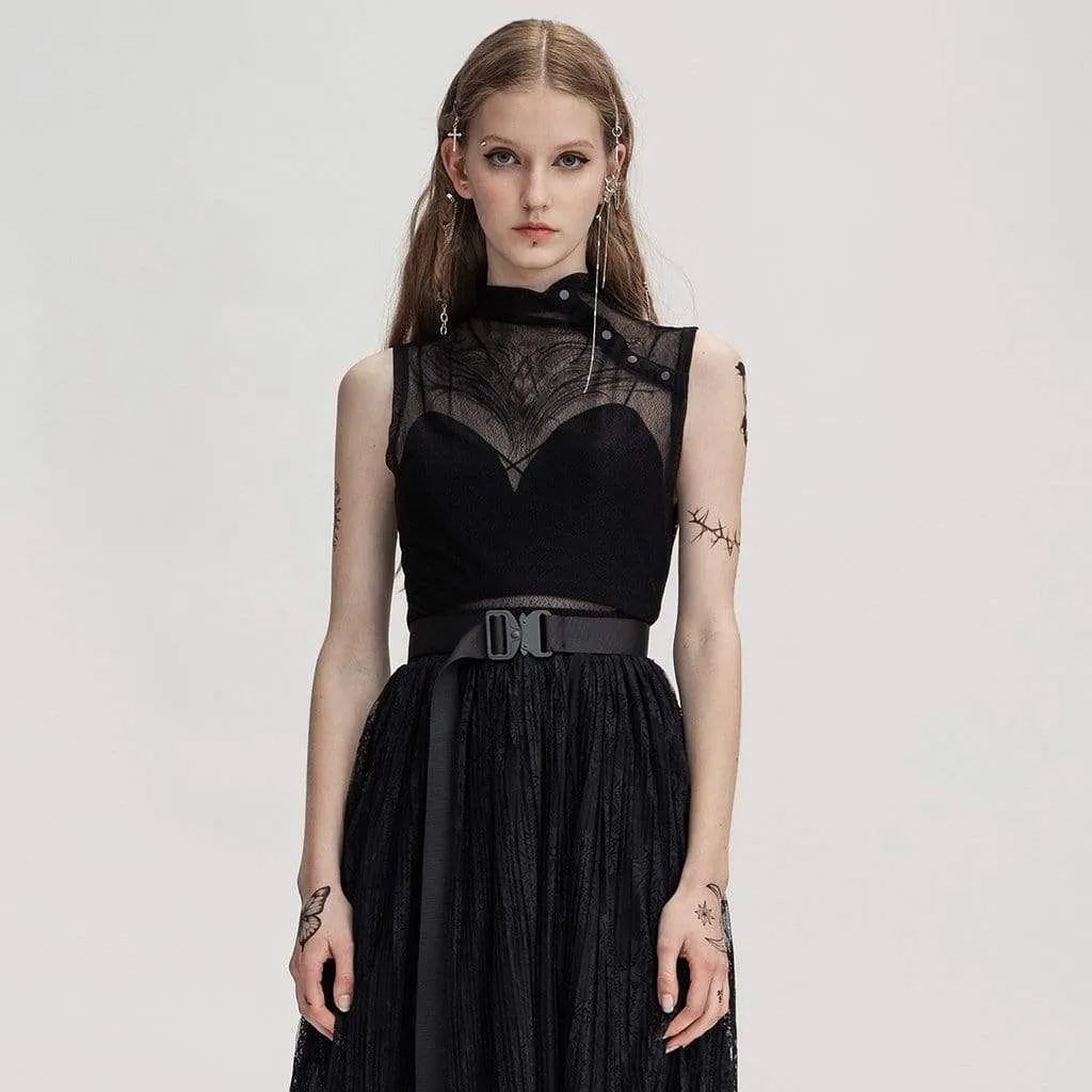 Edgy Sheer Mesh Stand Collar Women's Tops