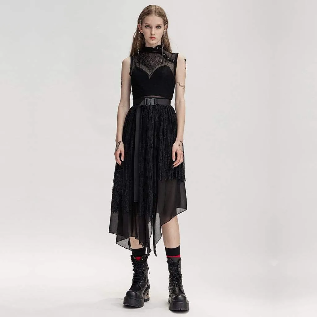 Edgy Sheer Mesh Stand Collar Women's Tops