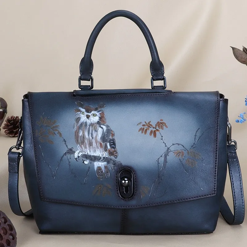 Women's Retro Cowhide Leather Hand-painted Elephant Pattern Tote Handbag