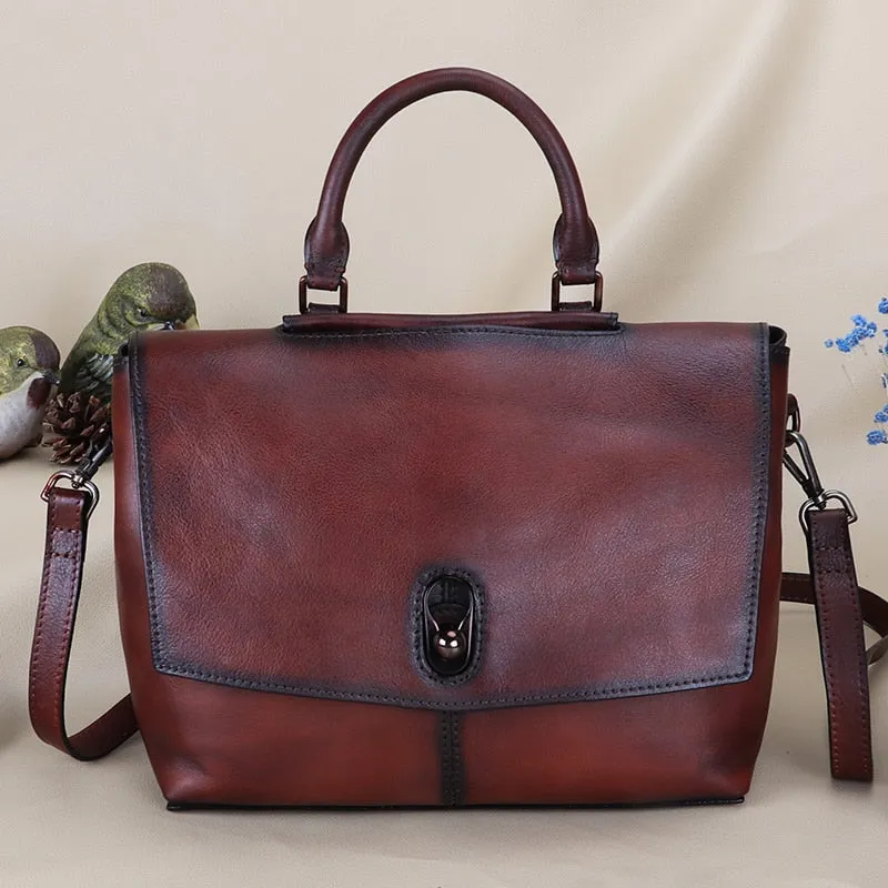 Women's Retro Cowhide Leather Hand-painted Elephant Pattern Tote Handbag