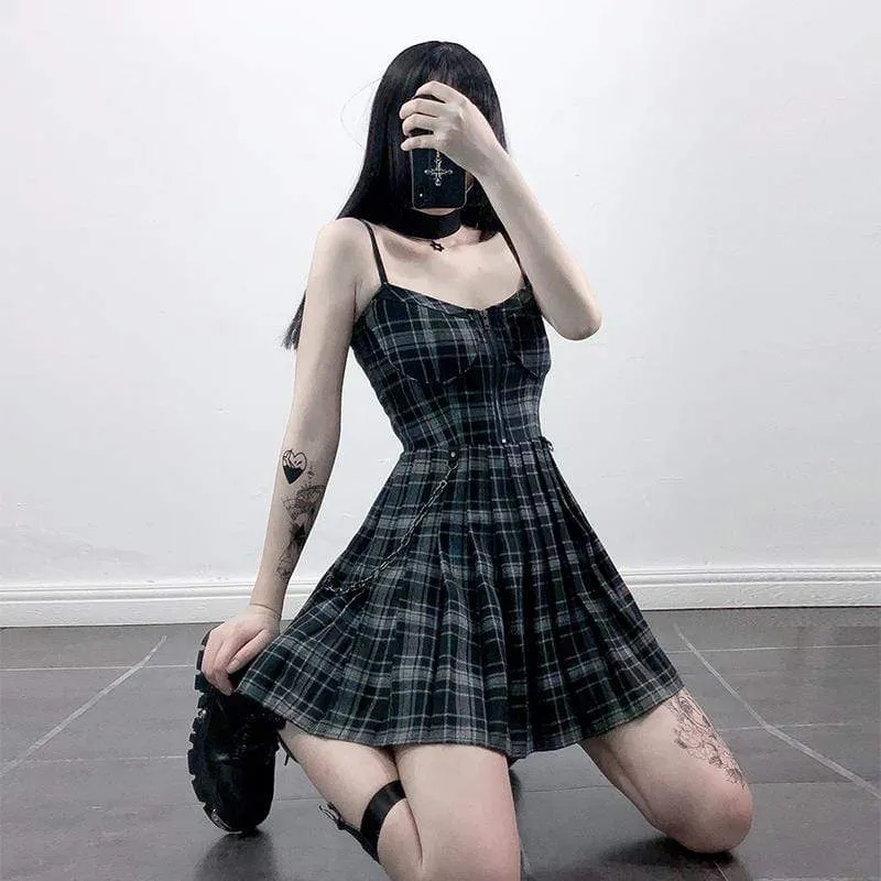 Chain Plaid Slip Dresses with Zipper Fly for Women