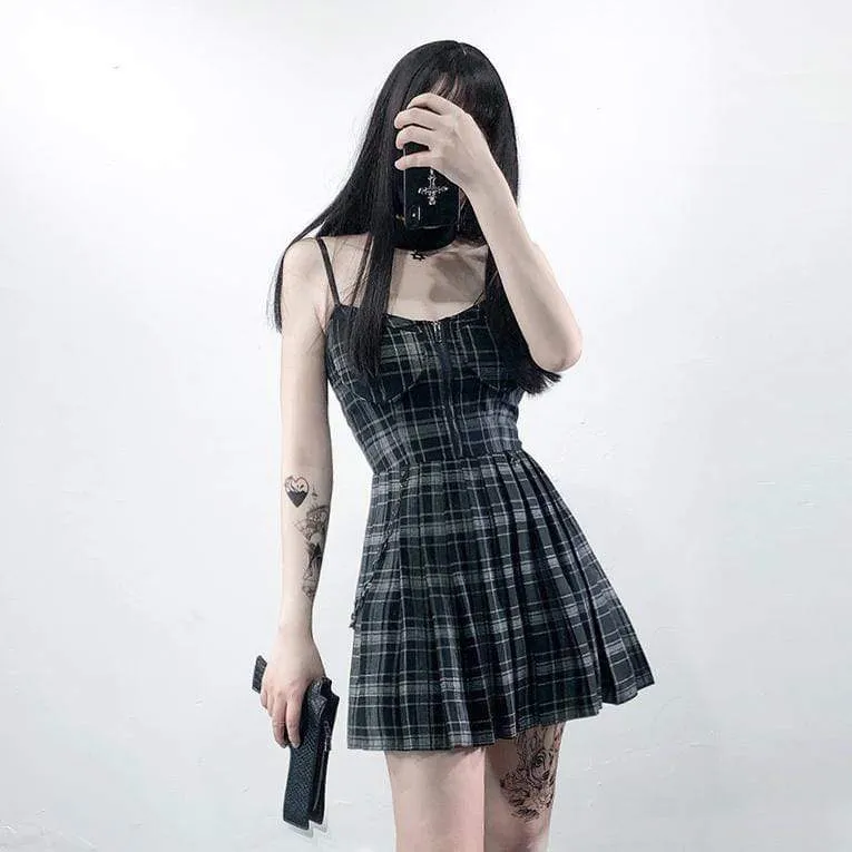 Chain Plaid Slip Dresses with Zipper Fly for Women