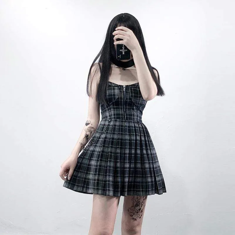 Chain Plaid Slip Dresses with Zipper Fly for Women