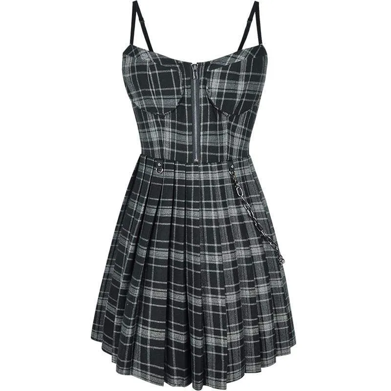 Chain Plaid Slip Dresses with Zipper Fly for Women