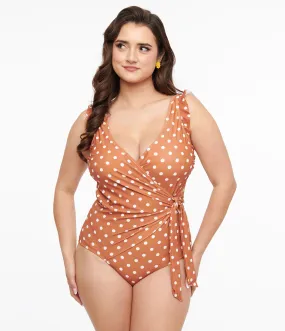 Brown & White Polka Dot One-Piece Swimsuit